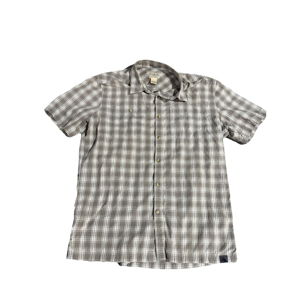 LL Bean Mens Shirt Button Down Large Plaid Short Sleeve Beige Western Casual 90s
